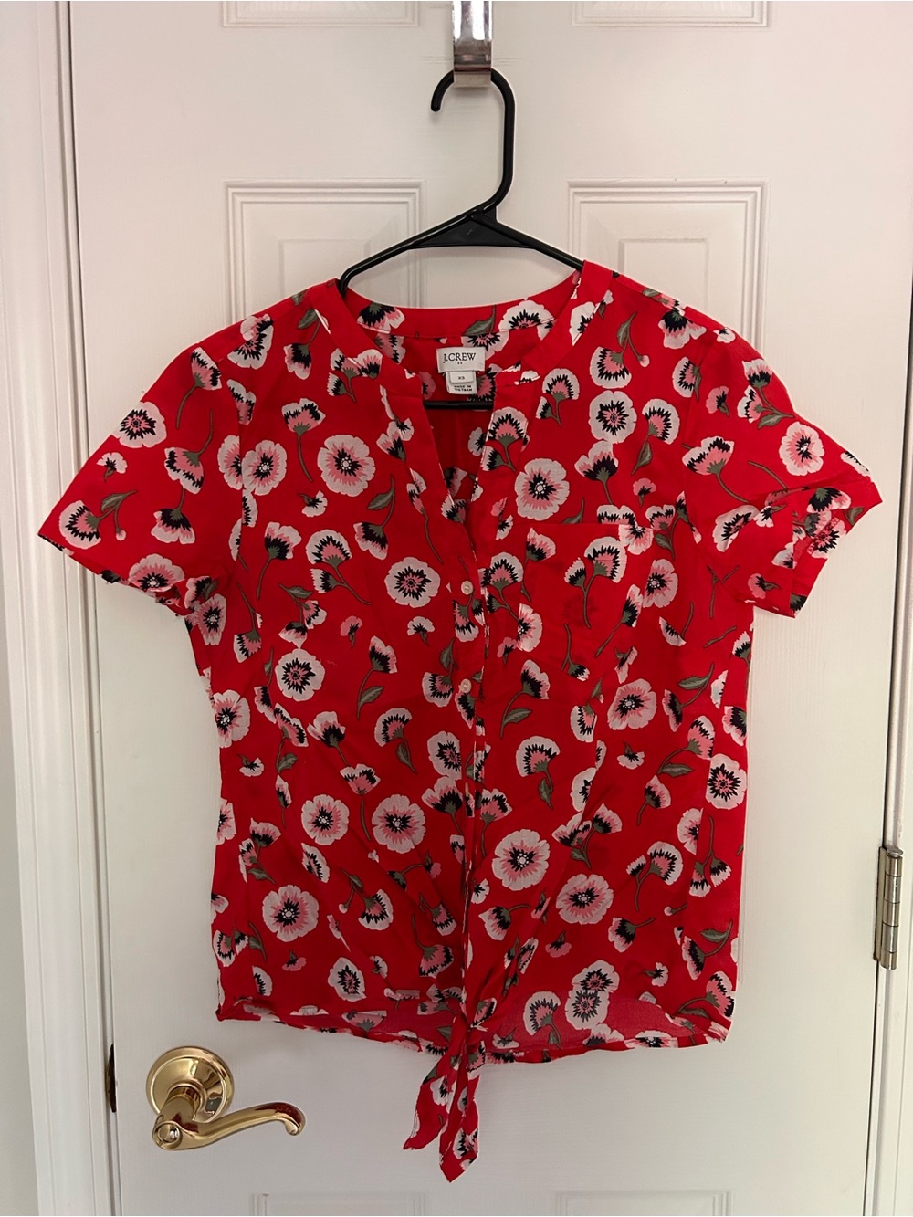 J. Crew Red Floral Tie-Front Short Sleeve Blouse